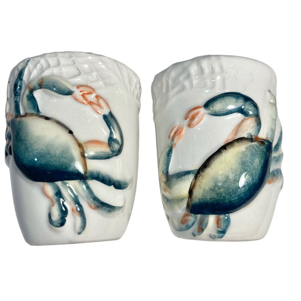 Nautical Blue Crab Ceramic Salt & Pepper Shaker Set Beach House Zodiac Cancer